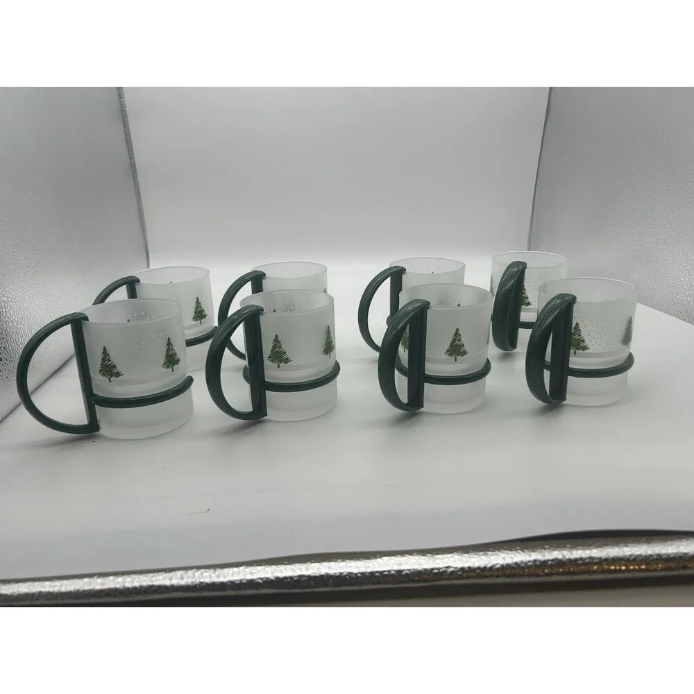 8 Christmas Inspiration Frosted Glass Mugs w/ Removable Handles VTG Set